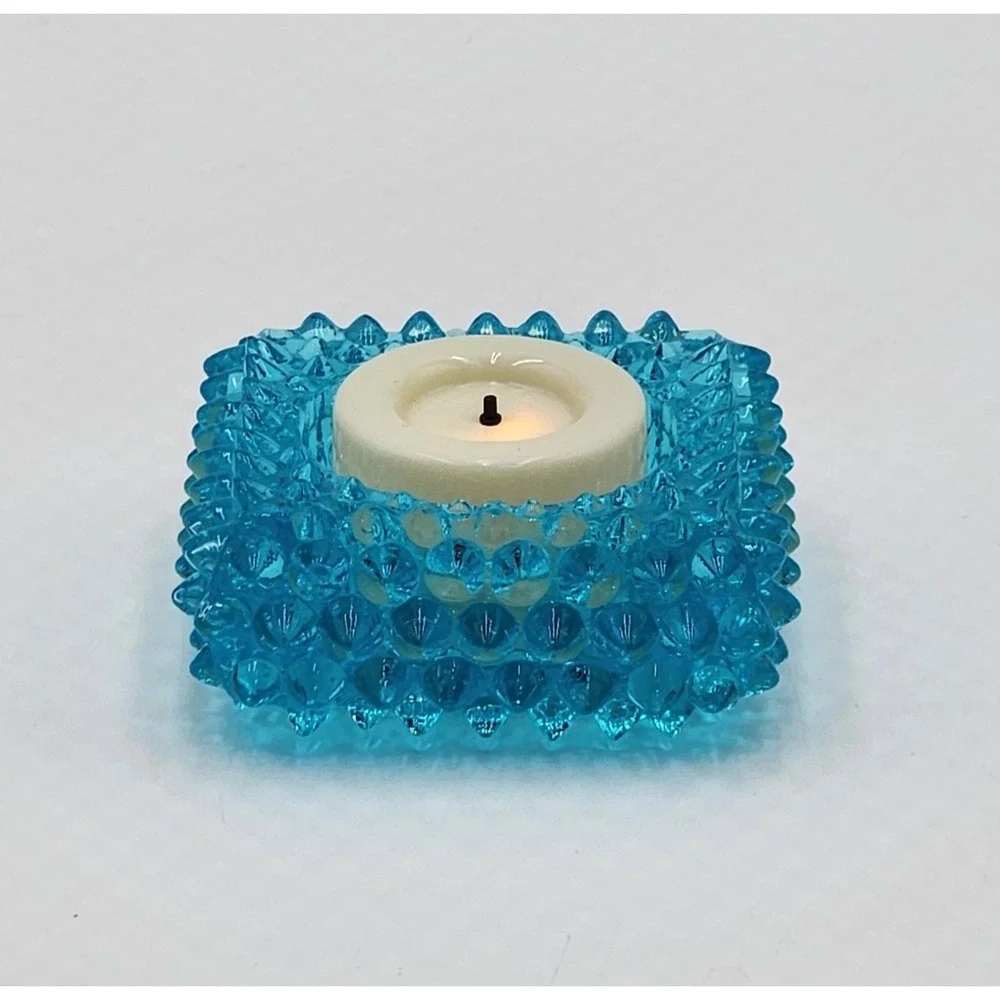 Vintage Fenton Blue Hobnail Glass Square Votive Candle Holder Teal Small 2.75